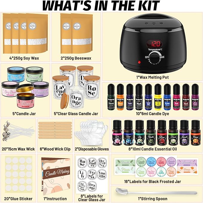 Candle Making Kit for Adults - 43 PCS Complete DIY Candle Making Supplies, Include Wax Melter, 1500G Soy Wax Beeswax, 8 Scents, 10 Dyes, 10 Jars, 20 Wicks & More - Great for Beginner, Home Decoration