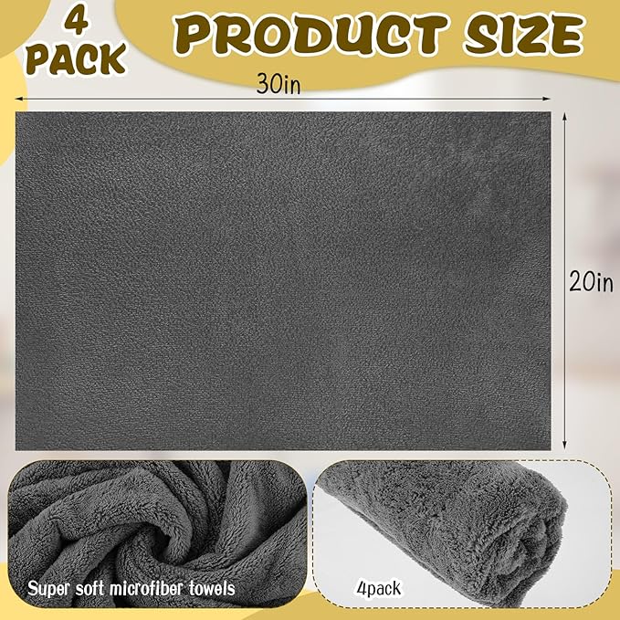 4 Pcs Extra Large Microfiber Cleaning Cloth, 30"x20" Washable Reusable Floor Cloth for Squeegee Mop House Floor Kitchen Car Window Highly Absorbent, Lint and Streak Free (Grey)