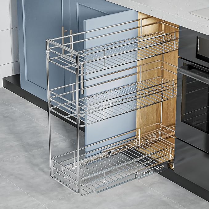 ROOMTEC 3-Tier Pull Out Cabinet Organizer for Narrow Cabinet (8.5" W X 20.5" D), Kitchen Cabinet Organizer and Storage Cabinet Pull Out Shelves Under Cabinet Storage for Kitchen, Chrome