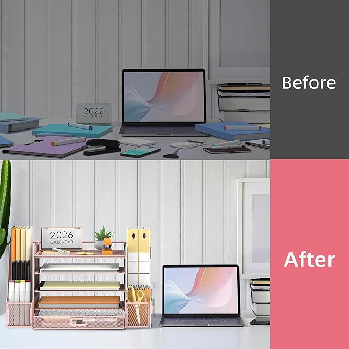 SUPEASY Mesh Desk Organizer with File Holder, 5-Tier Paper Letter Tray Organizer with Magazine Holder, Desktop Organizer and Storage with Drawer for Office Supplies Home or School (Pink)