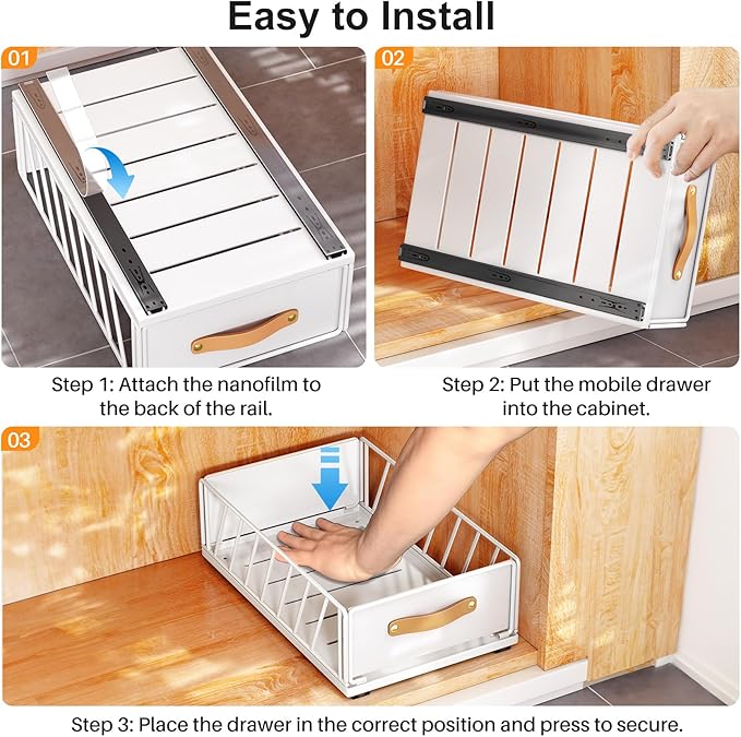 Pull out Cabinet Organizer,Heavy Duty Slide out Pantry Shelves Drawer Storage with Adhesive Nano Film,Sliding Mesh Cabinet Basket with Handle for Kitchen, Bathroom, Home, 15.8"W X 21"D X 6.2"H,White