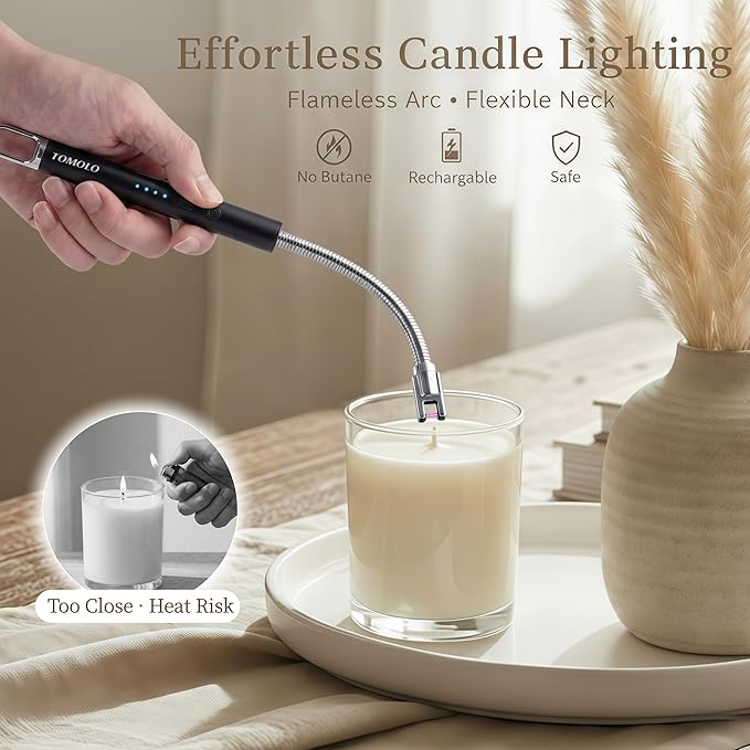 TOMOLO Electric Candle Lighter, Long Flexible Neck Lighter with Safety Switch, Windproof Plasma Flameless USB Rechargeable Lighters for Candles, Grill, Camping & Gas Stove, 2-Pack (Black & Black)