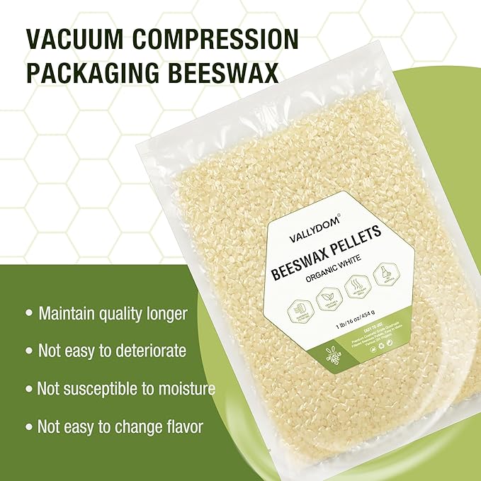 VALLYDOM Organic Beeswax Pellets - 453g White Beeswax Pastilles, Pure Natural Bulk Bees Wax Pellets for DIY Beeswax Making Candles Skin Care Lip Balm Soap Lotion (1lb)