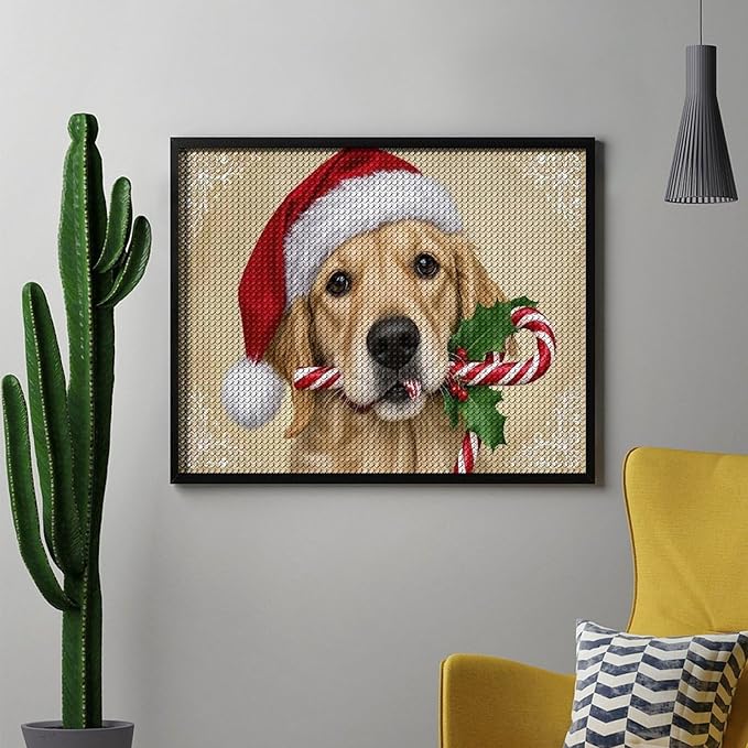 Diamond Painting Kits for Adults - Christmas Golden Retriever Puppy in Santa Hat with Candy Cane Painting DIY 5D Full Drill Diamond Dots Paintings with Diamonds Gem Art And Crafts Home Decor 16"x20"