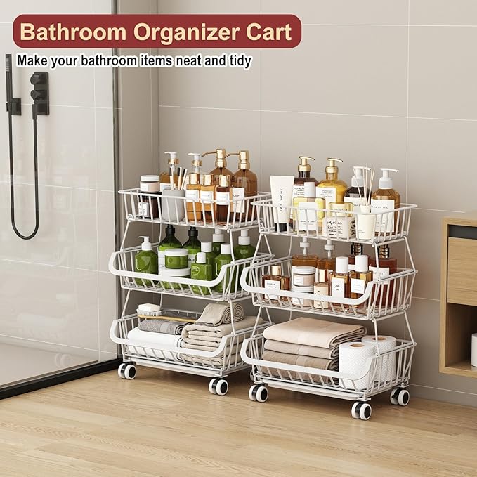 3-Tier Rolling Pantry Cart with Wheels, Stackable Wire Storage Floor Organizer for Kitchen Pantry Snack Shelves, Fruit Basket Stand, Vegetable Storage Rack for Food Snacks Onion Potato, White