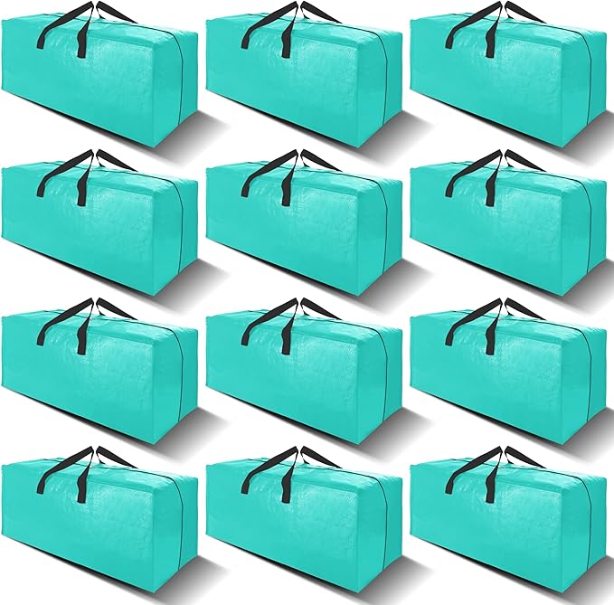 VELVETSURE 12 Pack Heavy Duty Large Moving Bags W/Backpack Straps - Strong Handles & Zippers, Storage Totes For Space Saving, Fold Flat, Alternative to Moving Box and Storage Bin, Aquamarine