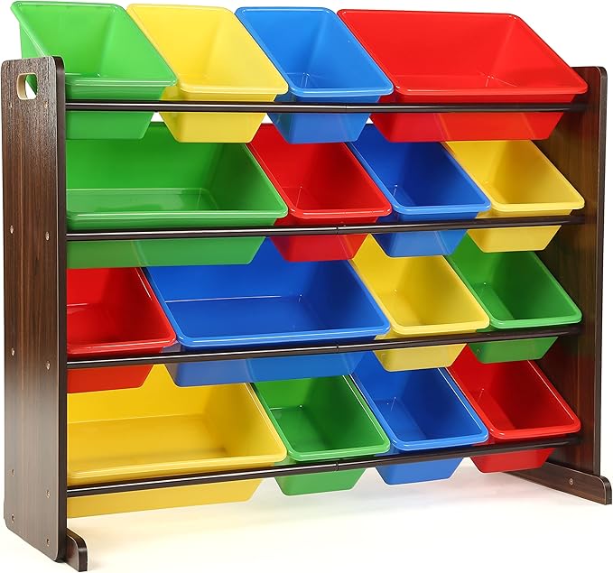 Humble Crew Supersized Toy Storage Organizer with 16 Removable Bins, Walnut/Primary – Large Toy Storage for Toddlers Ideal for Kids' Rooms, Playrooms, and Nurseries - Modern Toy Bins for Kids