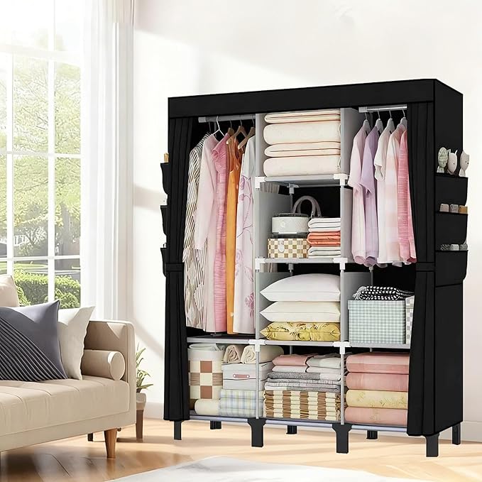 Portable Wardrobe, Clothes Organizer, Easy Hanger Wardrobe, Multiple Dividers and 3 Drawers, 6 Side Pockets Large Capacity (Black)