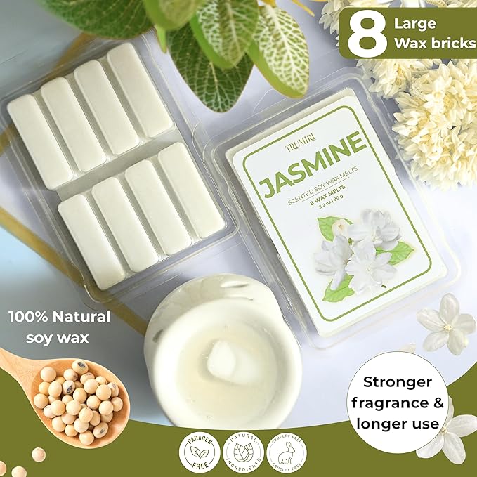 TRUMIRI Jasmine Scented Wax Melts - Made with Non Toxic Soy Wax and Essential Oils - Bulk Pack of 4 Total 32 Wax Melts - Long Lasting Strong Scent Pet Safe Floral Candle Wax Cubes Tarts for Warmers