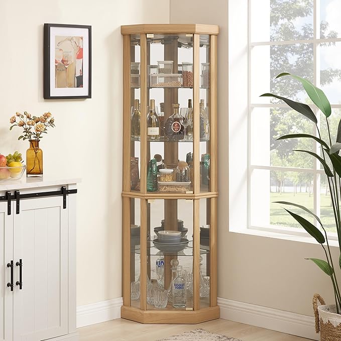 69" H Lighted Curio Cabinet Corner Display Case,Corner Glass Cabinets with Tempered Glass Door and Adjustable Shelves,Wooden Curio Cabinet with Mirrored Back Pane (Style 1 - Light Oak)
