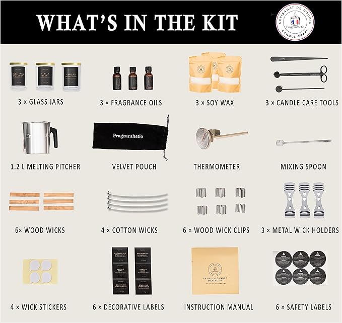 Fragranthetic Luxury Candle Making Kit for Adults | DIY Soy Candle Making Kit with Glass Jars, Wood Candle Wicks, Cotton Wicks & Candle Accessory Set