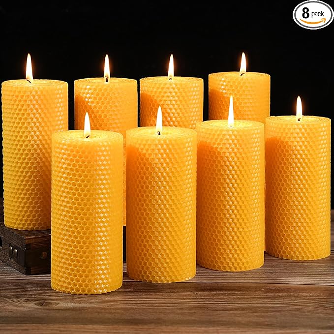 8 Packs Handmade Beeswax Candles, 360 Hours Beeswax Pillar Candles Handcrafted Honeycomb Bees Wax Candle for Home, Prayer, Unscented Candles (2.8x6 in)