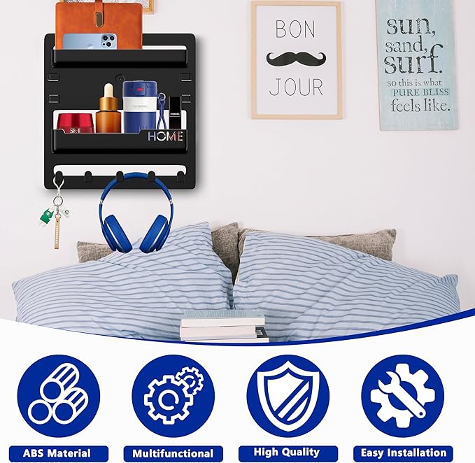 Bedside Shelf Wall Mount,Floating Bedside Adhesive Shelves Accessories,Wall Shelf Organizer and Storage for Bedroom,Camper,Dorm,Apartment-Phone,Earphone,Kindle,Remote Holder,Cable Clip,5 Hooks-Black