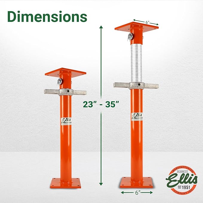 Ellis Manufacturing Light-Duty Steel Construction Jack - Adjustable Screw Jack Post for Floor Leveling, Beams, and Concrete - 16,000 lb Load Capacity - 23"-35" Adjustment, House Jacks for Leveling