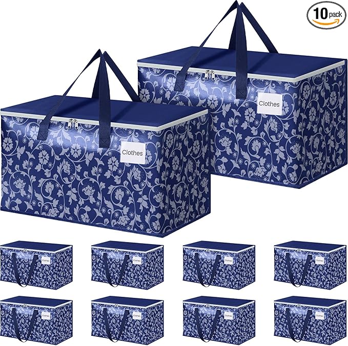 HomeHacks Moving Bags, Extra Large Size Moving Boxes, Heavy Duty Luggage Bags with Smooth Zipper and Sturdy Handles, Large Capacity & Easy Loading Storage Totes for Space Saver 88L, 10-Pack, Blue