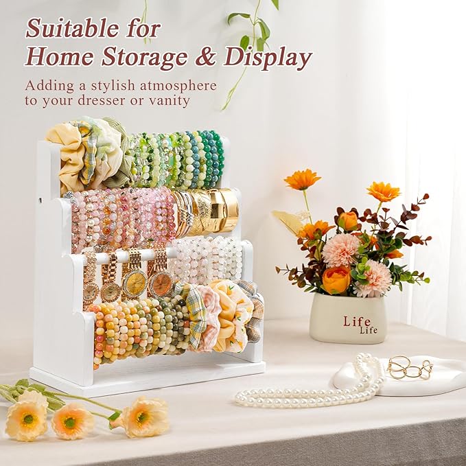 Emfogo Bracelet Holder, 4 Tier Bracelet Organizer Storage for Bracelets Bangles Watch Scrunchies, Rustic Wood Jewelry Organizer Display for Home, Vendors, Craft Shows and Store(White)