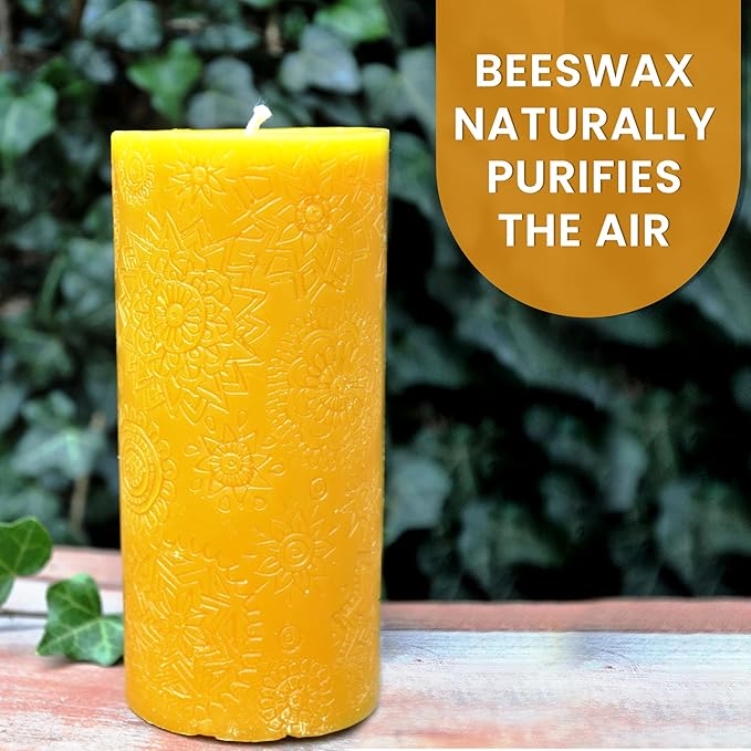 BeeTheLight Beeswax Pillar Candle - 100% Pure Bees Wax - Choose Your Size and Color - Up to 72 Hour Burn Time - Approx. 2x3, 3x4, 3x6 - Unscented - Natural Light Honey Scent (Natural Yellow, Large)