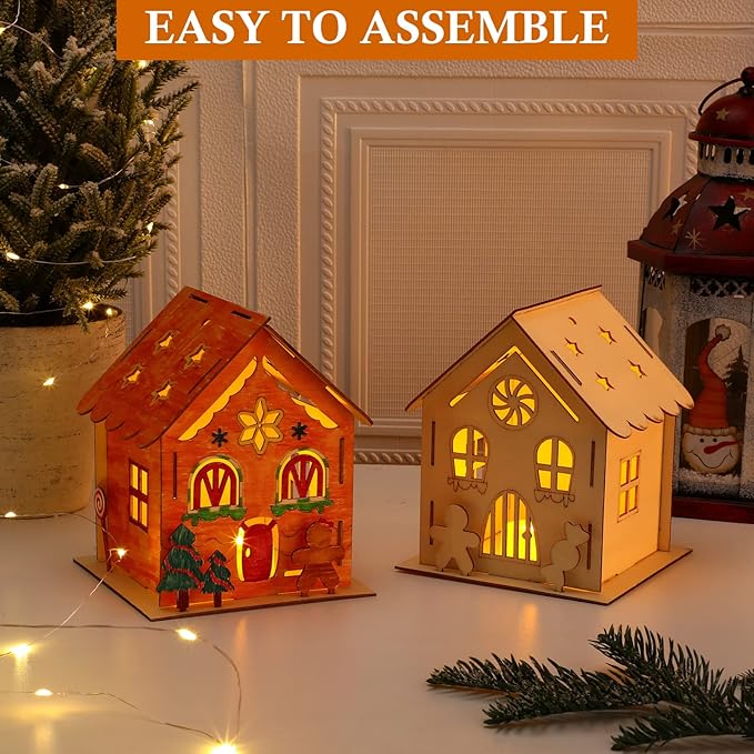 Spiareal 6 Sets DIY Wooden Christmas Gingerbread House Kit with LED Flameless Candles Watercolor Pens Christmas Crafts Wooden Houses to Paint Xmas Tree Ornaments for Fun Activity Art Project