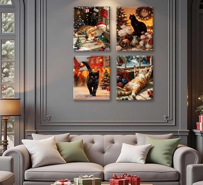 Paint by Number Kit for Adults & Kids, 4 Pack Christmas Cat Scenes 12x16Inch Framed