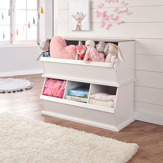 Badger Basket 3-Bin Stackable Toy Storage Cubby Organizer, Modular Space-Saving Storage for Toys, Blankets, Crafts, Playroom, Bedroom, or Living Room – White & Light Gray