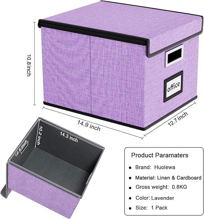 Huolewa File Organizer Box with Lid, Collapsible File Folder Organizer for Office Document Storage, Filing Box with Plastic Slide for Letter Size Hanging File Folders(1 Pack, Lavender)