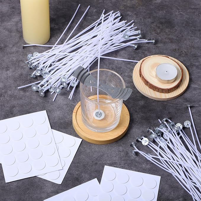 100 Pcs 8 Inch Cotton Candle Wicks for Candle Making Pre-Waxed with Paraffin, Includes 100 Adhesive Stickers and 2 Metal Wick Holders for Soy Beeswax Candle Making Candle Making Wicks