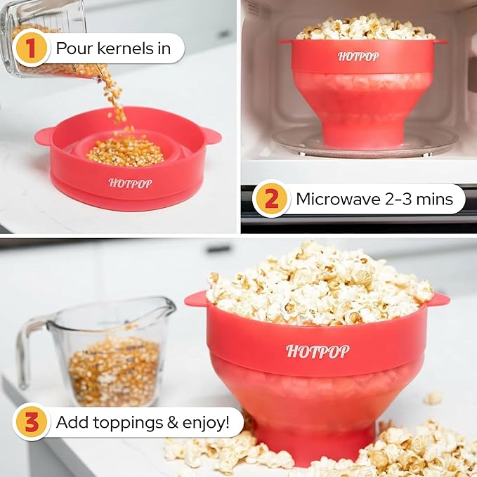 The Original Hotpop Microwave Popcorn Popper, Silicone Popcorn Maker, Collapsible Bowl BPA-Free and Dishwasher Safe- 20 Colors Available (Transparent Red)
