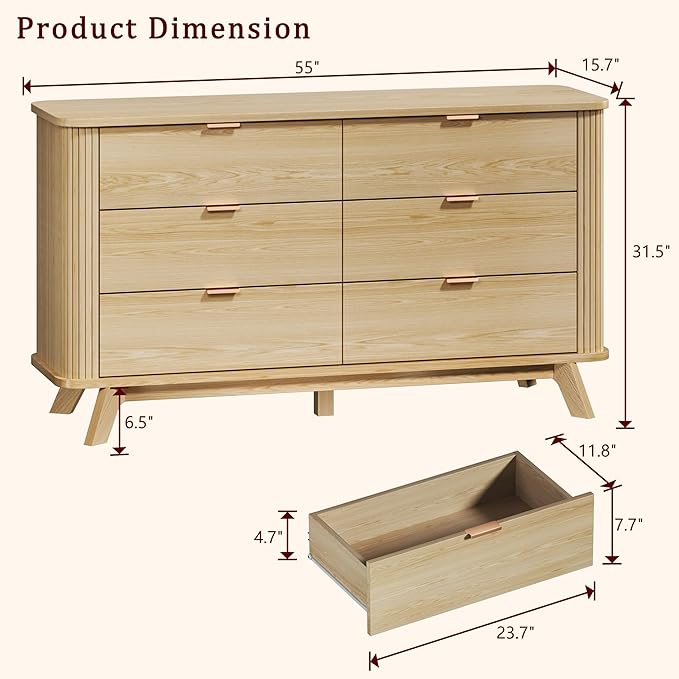 HUAHUU 55" Wide Fluted 6 Drawers Dresser for Bedroom, Mid Century Modern Dresser & Chests of Drawers, Curved Profile Design, Dressers TV Stand, Wood Storage for Hallway, Entryway, Oak