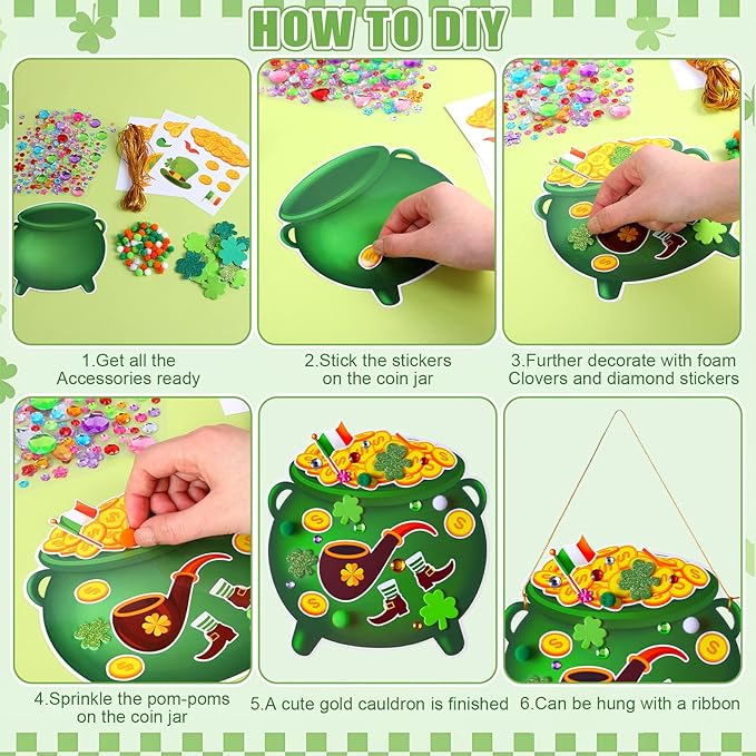 Funrous 48 Sets St. Patrick's Day Crafts Kit Pot of Gold Paper Crafts Bulk DIY Irish Green Shamrock Lucky Clover Coin Jar Leprechaun Hat Hanging Ornaments for Classroom Activities Arts Party Favors