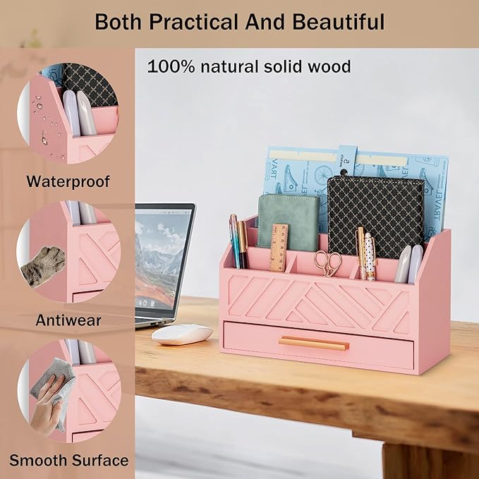 dreampossible Pink Wood Desk Organizer and Accessories with Drawer, Bill Mail Organizer and File Mail Holder for Office Supplies, Modern Desk Accessories & Workspace Organizers for Desk Organization