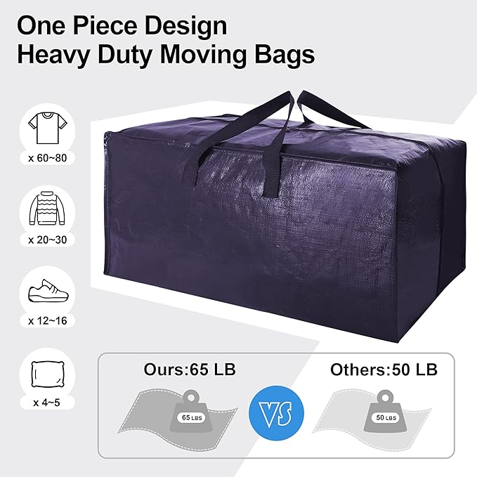 VELVETSURE 12 Pack Heavy Duty Extra Large Moving Bags W/Backpack Straps - Strong Handles & Zippers, Storage Totes For Space Saving, Fold Flat, Alternative to Moving Box and Storage Bin, Blue