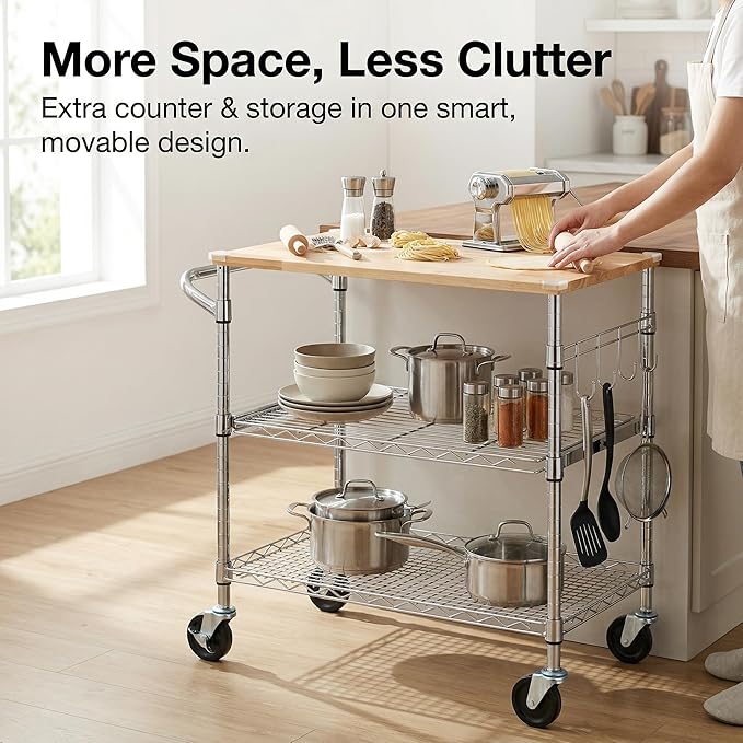 Finnhomy 3-Tier Rolling Kitchen Cart With 18" D x 30" W Oak Wood Tabletop, Kitchen Island With 4" Wheels and Slider Shelf, Microwave & Coffee Cart With Hooks for Dining Room, Chrome