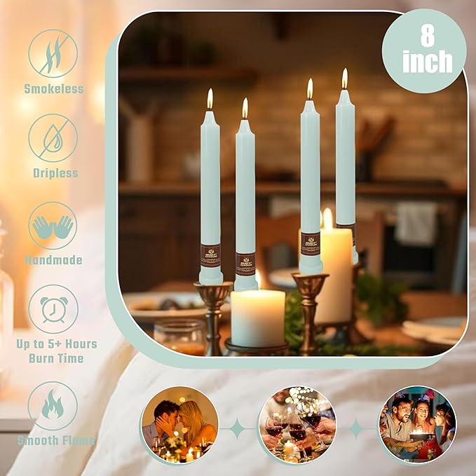 Fresh Mint Green Taper Candlesticks 8 Inch Handmade Smokeless Taper Candles 4 Pack Unscented Colored Candle for Home Wedding Dinner Holiday Party