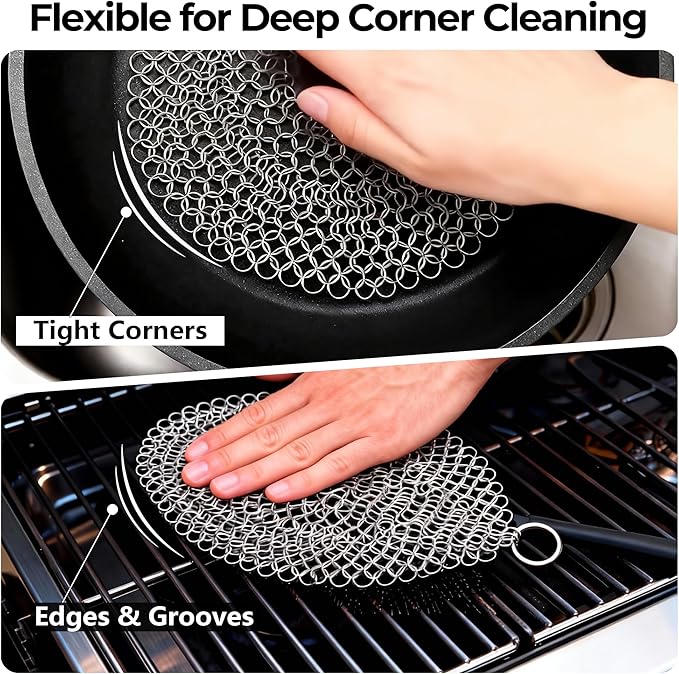 AMAGABELI GARDEN & HOME 8”x8” 316L Cast Iron Cleaner Stainless Steel Chainmail Scrubber for Cast Iron Pan Skillet Cleaner Dishes Pot Dutch Oven Wok Grills