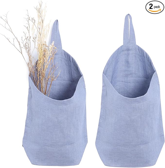 100% Linen Hanging Bags - 2 Pcs, Small Wall Storage Baskets for Kitchen, Bedroom, RV, Camper Organizer, Sewing Room, Nursery, Kids Room, Blue