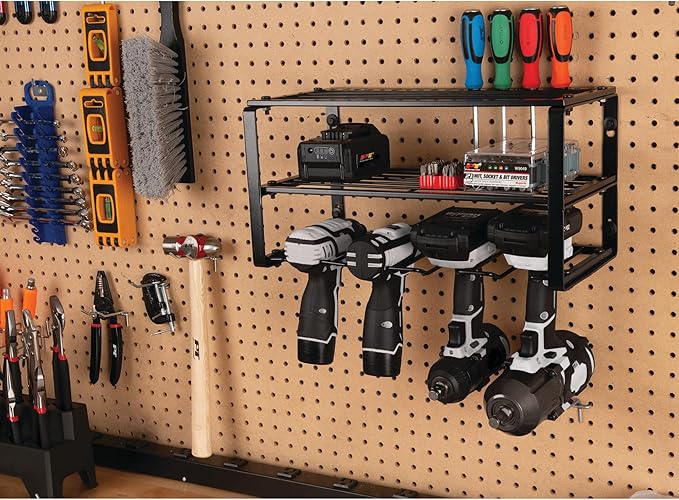 Performance Tool W7701 Power Tool Organizer Wall Mount - Hand Tool Storage Racks, Utility Racks, Drill Holder & More - 3 Tier Sturdy Iron 16" Cordless Tool Organizers