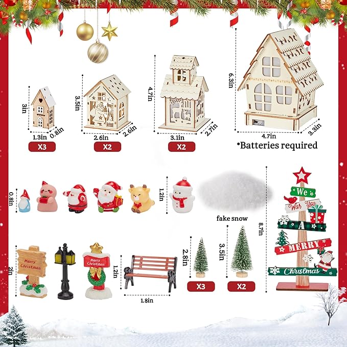 29pcs Christmas Village Sets Lighted DIY Wooden Christmas Village Houses for Crafts Accessories Wood House to Paint with Xmas Miniatures Trees Winter Snow Xmas Display Ornaments Craft Gift