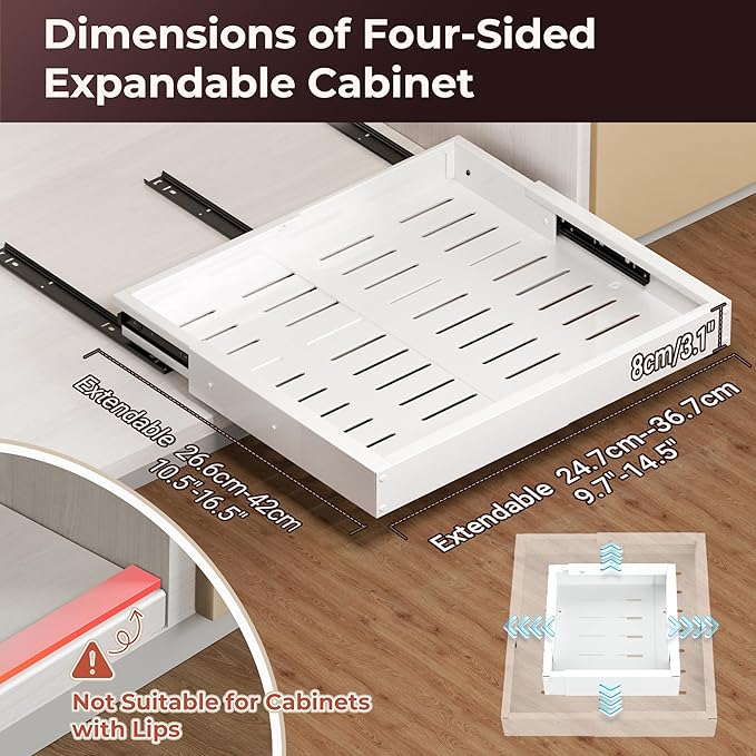 2 Pack Pull Out Drawers for Cabinets, Slide Out Drawer Expandable Width (10"-15") and Depth (11"-17") With 3 Slides, Fixed with Adhesive Film & Nail for Cabinets in Kitchen, Pantry or Bathroom - White