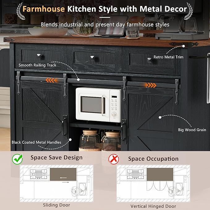 Amposei Farmhouse Kitchen Island on Wheels with Drop Leaf & Power Outlet, 53.7-Inch Rolling Storage Island Cart Breakfast Bar with Drawers, Sliding Barn Door Cabinets, Spice Rack (Black)
