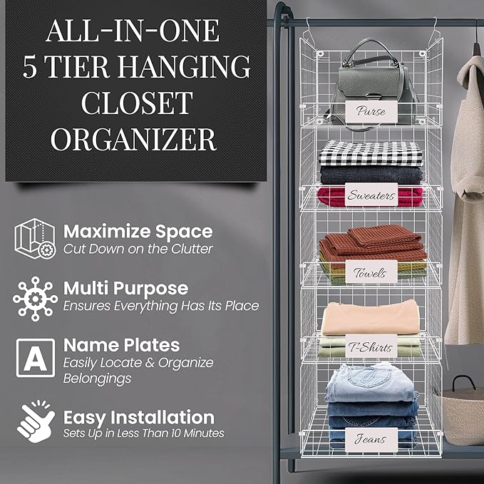 DECOLURE 5-Tier Adjustable Hanging Closet Organizer – Maximize Hanging Storage w/ 4 Hanging Hooks, 8 S Hooks & 5 Name Plates - Sturdy Foldable Wire Storage Hanging Shelves for Clothes, Towels (White)