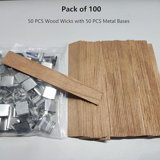 Extra Thick Wood Wicks for Candles Making 0.75 x 5.12 inch Crackling Wooden Candle Wick 100 PCS Natural Wooden Wicks for Candlemaking Wide Candle Wicks with Candle Wick Holders Metal Base