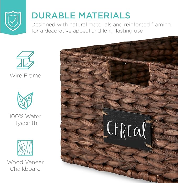 Best Choice Products Pantry Baskets Set of 2 16x12in Water Hyacinth Storage Baskets, Woven Wicker Kitchen Organizers with handles w/Chalkboard Label Chalk Marker - Brown