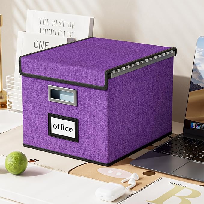 Huolewa File Organizer Box with Lid, Collapsible File Folder Organizer for Office Document Storage, Filing Box with Plastic Slide for Letter Size Hanging File Folders(1 Pack, Purple)