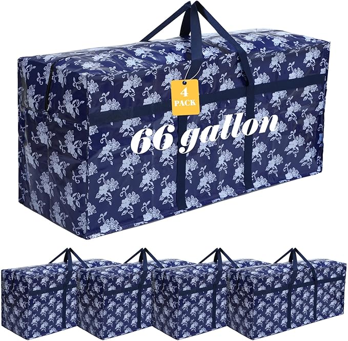4 Pcs 66 Gallon Large Moving Bags with Zipper and Handles Christmas Tree Bags Foldable Heavy Duty XXL Totes for Christmas 4ft 5ft Tree Skeleton Blankets Storage(Printed)