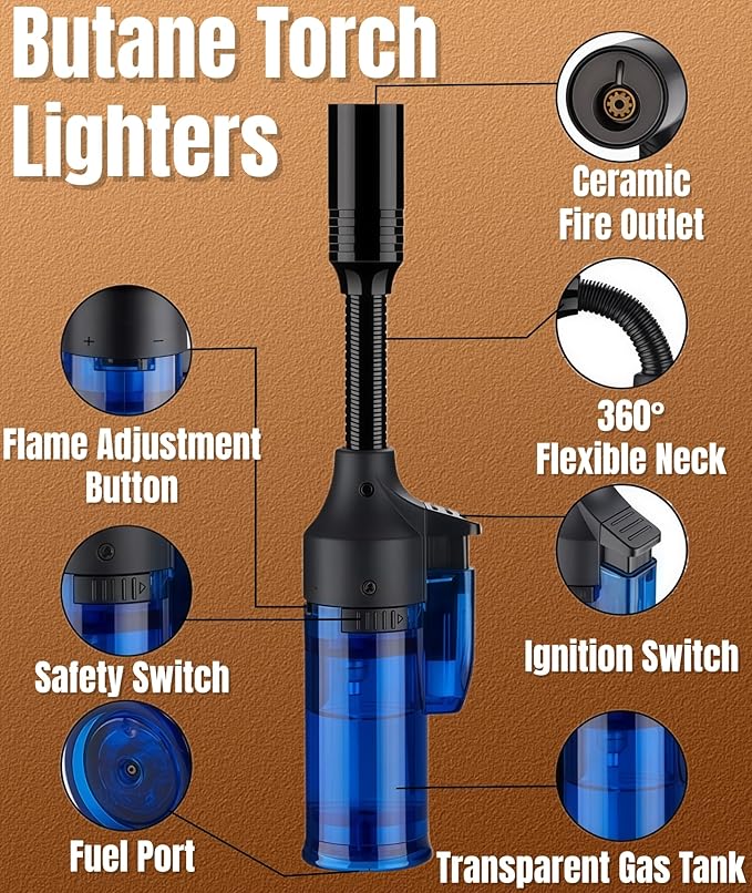 4 Pack Butane Torch Lighter, Mini Refillable Windproof Jet Flame Lighters with Safety Lock, Refillable Adjustable Flame Butane Gas Lighter for Candle Camping Fireplace BBQ Grill(Fuel Not Included)