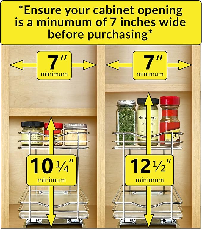 LYNK PROFESSIONAL® Élite™ Pull Out Spice Rack Organizer for Inside Kitchen Cabinets - 6-3/8 inch Wide - Slide Out Drawer – Wood/Chrome Sliding Spice Organization for cabinet - Spice Racks - 2 Tier