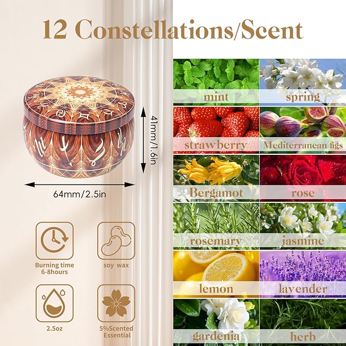 Zodiac Scented Candles Gift Set, 12 Pack Travel Size Soy Wax Aromatherapy Candles with Essential Oils, Astrology Constellation Candle Set for Birthday, Valentine's Day, Relaxation, Home Decor