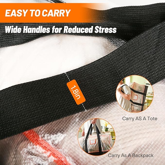 4 Pack Large Moving Bags, 115lb Capacity Heavy Duty Moving Totes with Wrap Around Handles, Clear Storage Bags with Internal Compression Straps, Alternative to Moving Boxes -103L,Clear and Black