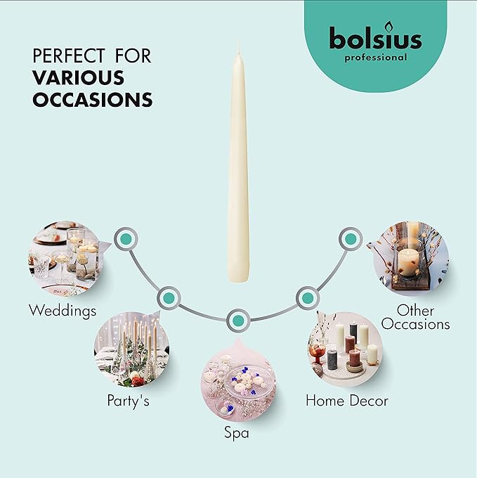 BOLSIUS 60 Count Household Ivory Taper Candles - 10 Inches - Premium European Quality - 8 Hours Burn Time - Unscented Dripless and Smokeless Home Decor, Restaurant, Wedding, and Party Candlesticks