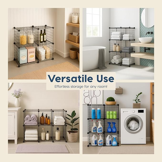 IRIS USA 6-Cube Modular Wire Cube Storage Organizer, Adjustable & Expandable Metal Shelving for Closet, Bathroom & Home Storage, Stackable Wire Grid, Black